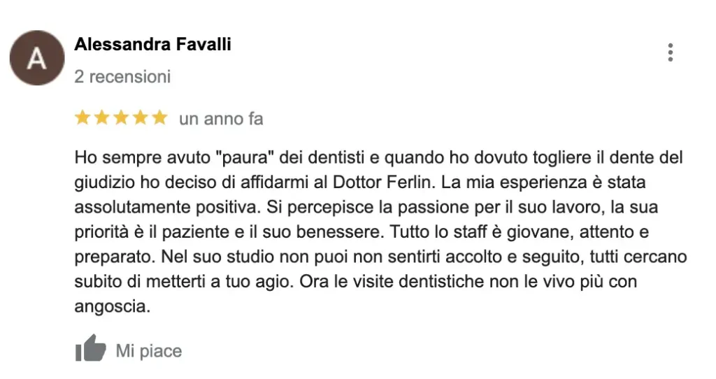 Recensioni positive clienti - Studio dentistico Ferlin - Impiantologia a carico Immediato