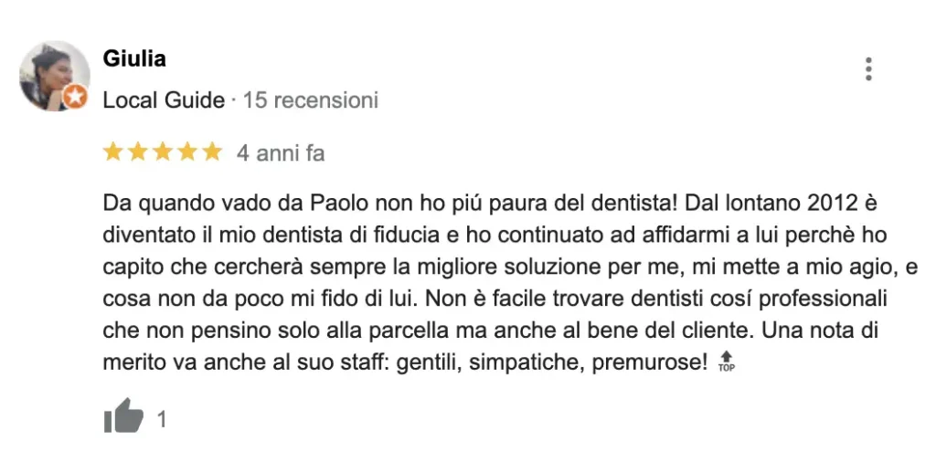 Recensioni positive clienti - Studio dentistico Ferlin - Impiantologia a carico Immediato